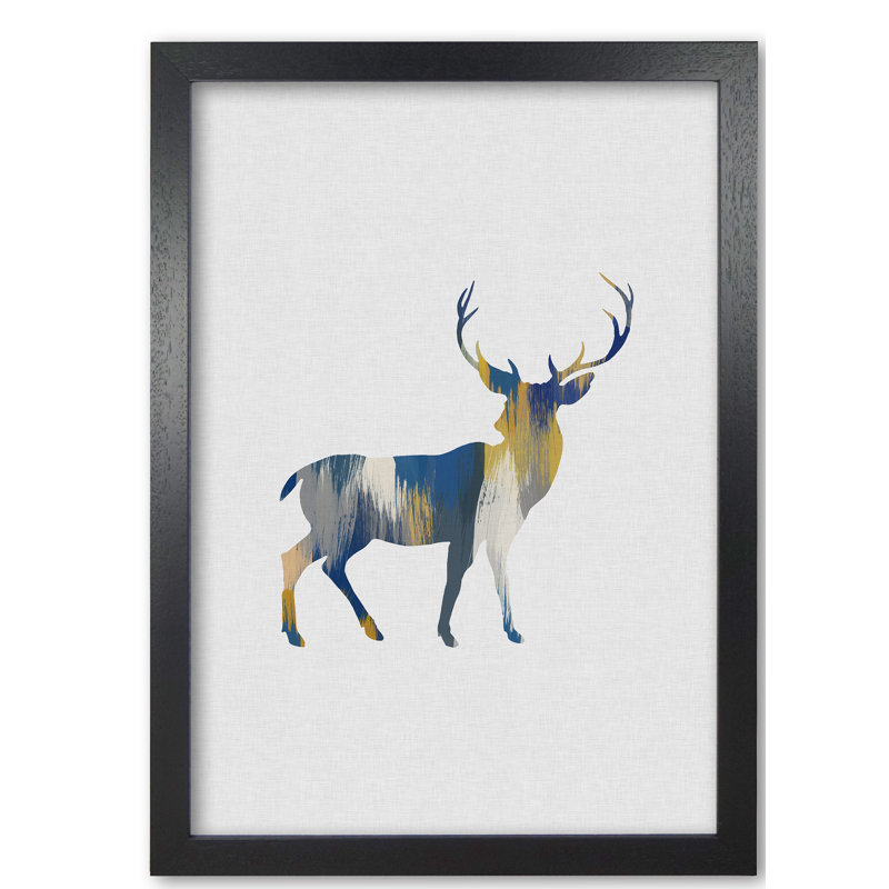 Deer Blue & Yellow - Print, 85 cm H x 60 cm W x 5 cm D, Black Grain Frame
