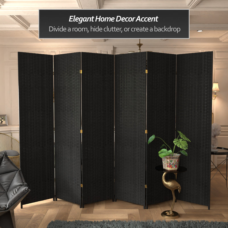 Amitis 7 Ft. Tall Woven Fiber Folding Room Divider, 84'' H x 117'' W x 1'' D, 6, Black