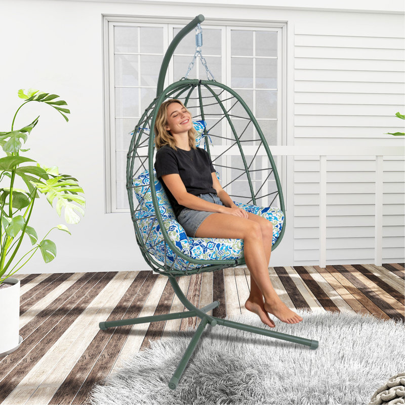 Chaise de hamac suspendue en osier avec support et lavable, Geometric Blue, Dark Green