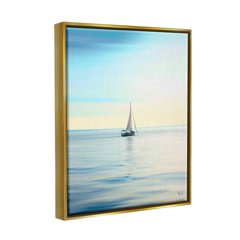 Voilier bleu ensoleillé, Cadre flottant métallique doré, H 21 po x l 17 po x P 1,7 po