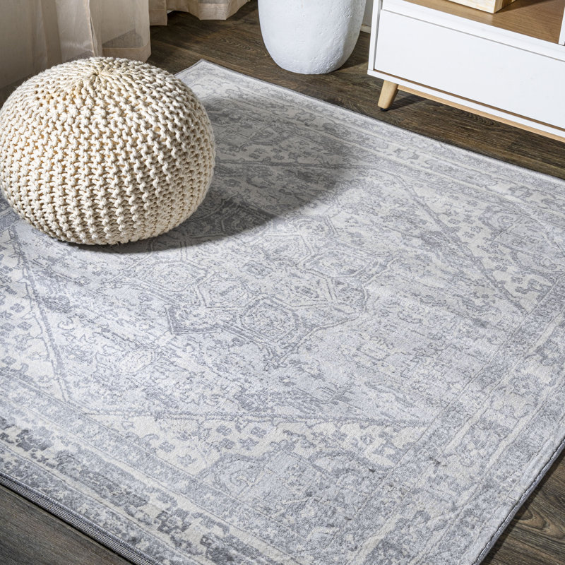 Modern Persian Vintage Medallion Light Gray/Ivory Rug, Square 6'7"