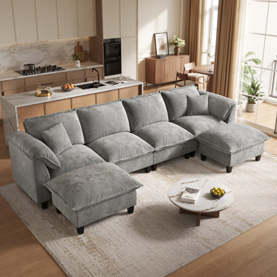  143.7" Chenille Modular Sectional Sofa With Storage Ottoman, Washable Cushion Covers, Padded Armrests, Extra-Thick Deep Cushions, Tool-Free Assembly, Gray