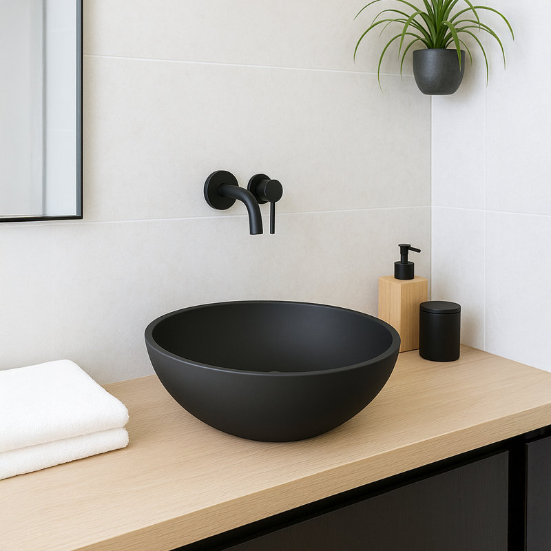 Veyra Matte Black Solid Surface Round Vessel Sink, Mattle Black