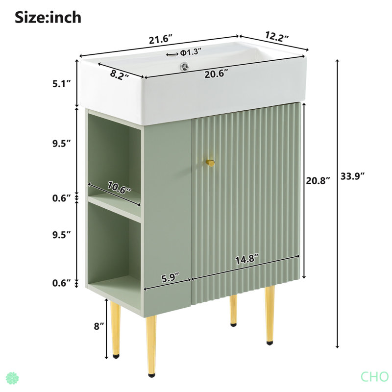 Meuble-lavabo, armoire de rangement pour salle de bain, lavabo simple en céramique, rangement à gauche, Vert