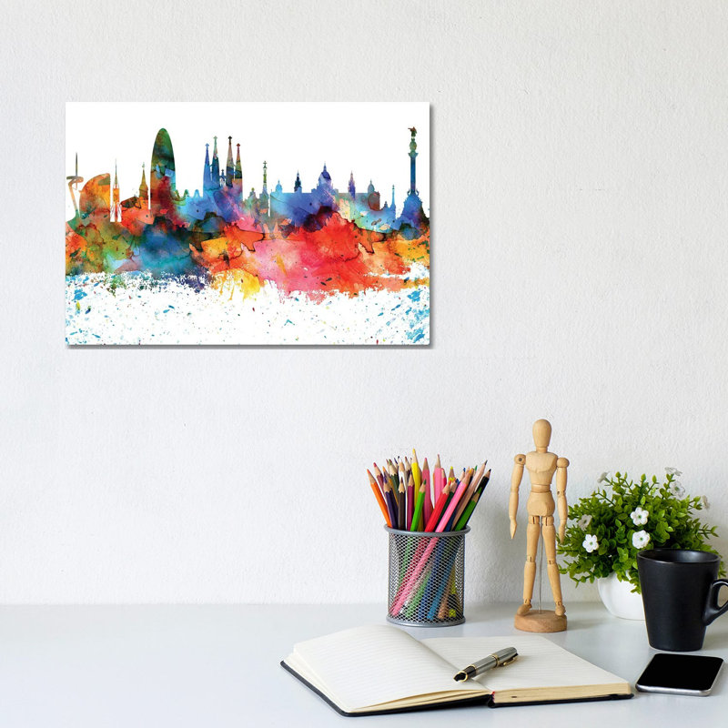 Barcelona Skyline by WallDecorAddict - Wrapped Canvas Painting, 20.32 cm H x 30.48 cm W