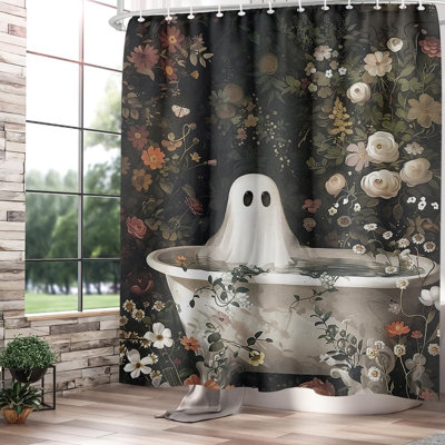 Halloween Shower Curtain Ghost Takes A Bath Tub In Flower Forest Shower Curtain For Bathroom Dark Academia Ghost Bathtub Halloween Bathroom Decor Set Vintage Gothic Horror Decor 72"X72"