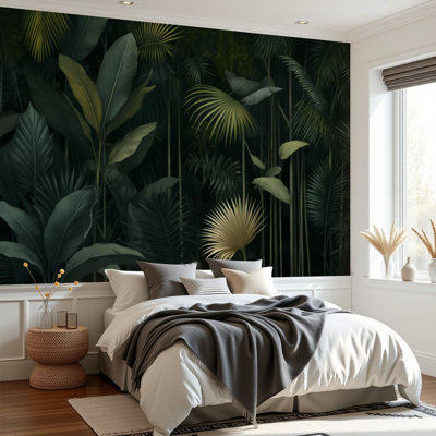 Papier peint adhésif de style jungle tropicale à motif de feuilles vertes foncées H 69 po x l 96 po, papier peint amovible en PVC auto-adhésif pour chambre à coucher, bureau à domicile