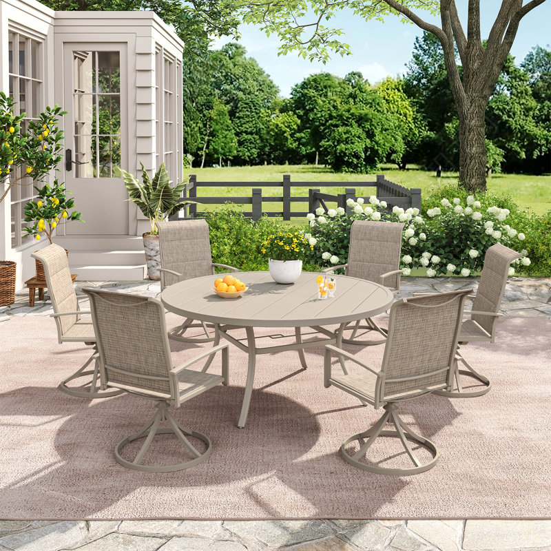 6-Person Patio Dining Set with 50" Round Dining Table and Padded PVC-coated polyester Swivel Chairs, Cream/Sandshell