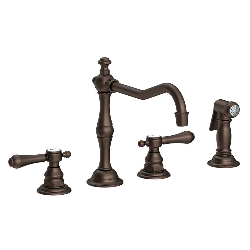Chesterfield Double Handle Kitchen Faucet with Side Spray, Cross, Aged Brass
