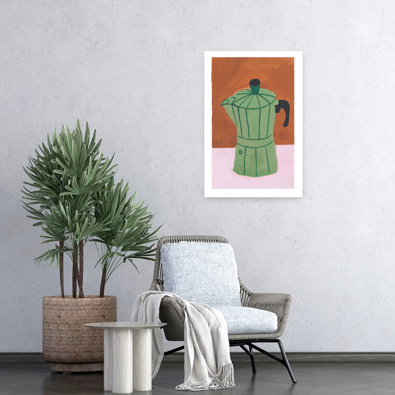 «Green Moka Pot Still Life Modern Sunrise», art mural, H 24 po x l 16 po