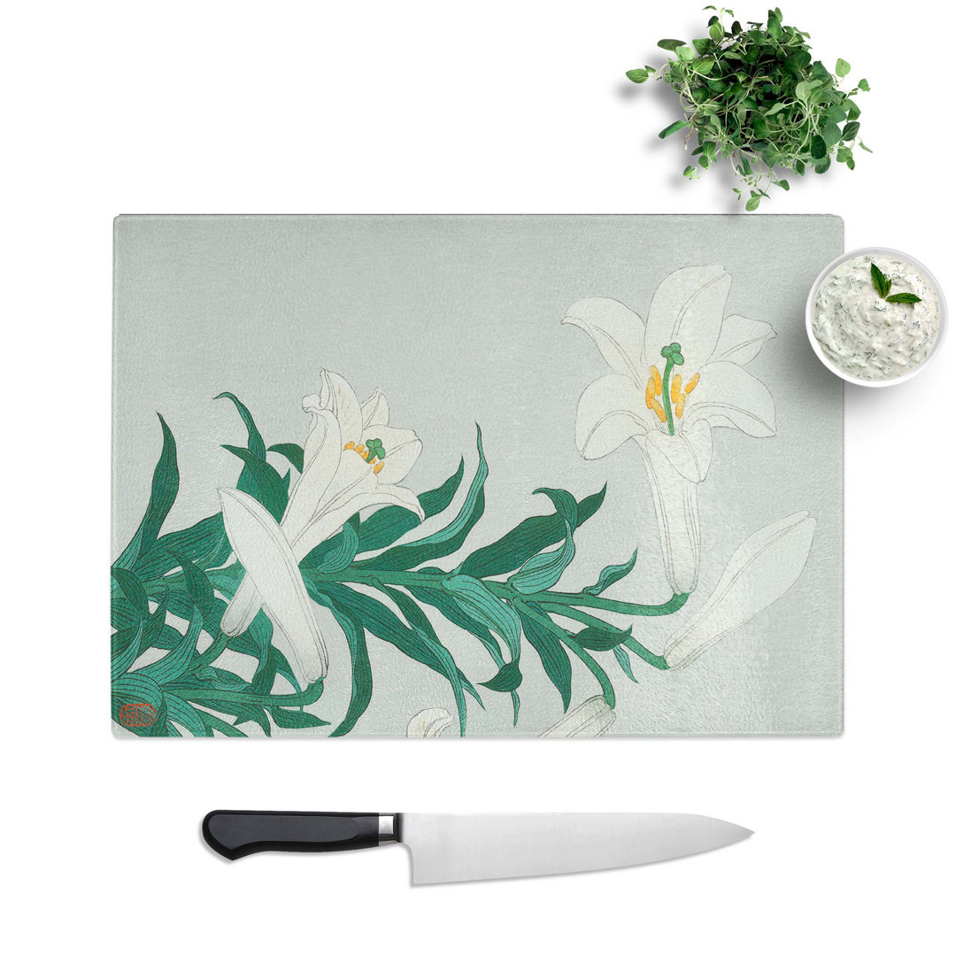 Tempered Glass White Lilies by Ohara Koson Chopping Board