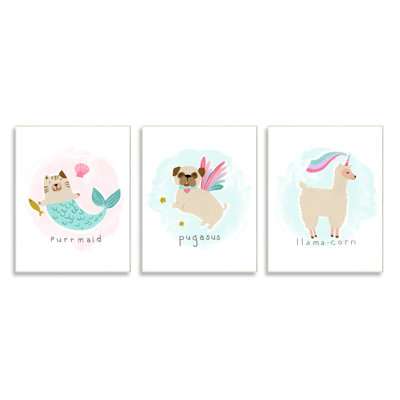 Whimsical Mythical Animals Creatures Cute Cartoon Style 3Pc Wall Plaque Art Set By June Erica Vess -  Stupell Industries, a3-144_wd_3pc_13x19