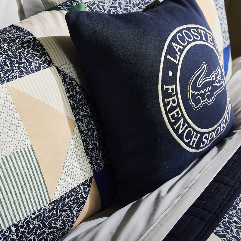 Lacoste Signature 100% Cotton Comforter Set, Soft Breathable All-Season with Embroidered Crocodile, Full/Queen 3-Piece Multi-Color