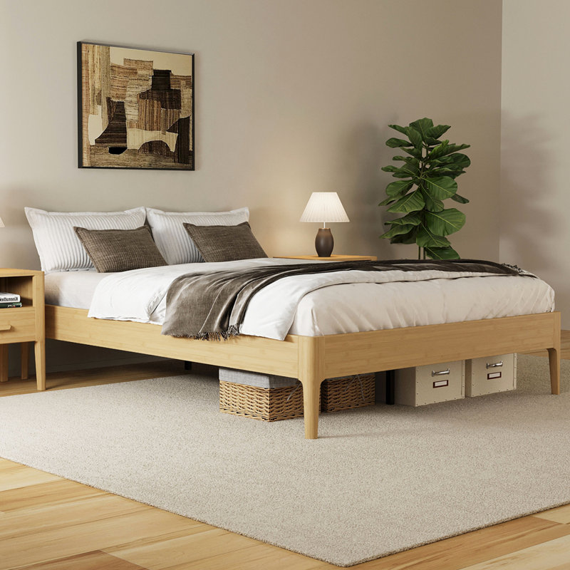 15 Inch High Full Size Solid Dry Bamboo Wood Platform Bed Frame, with Wood Slat Metal Support, Modern & Minimalist Style, No Box Spring Needed, Easy Assembly