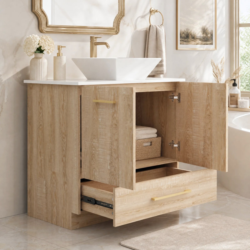 Meuble-lavabo autoportant de 29,9 po de large avec lavabo en céramique, tiroir et portes