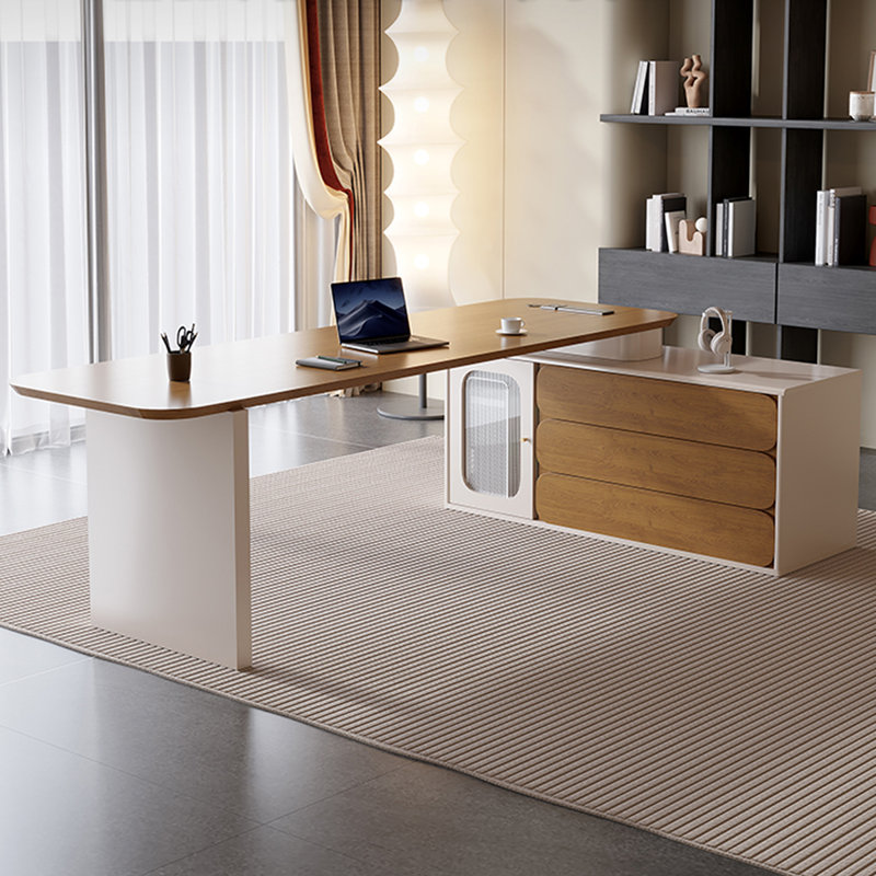 Bureau à 3 tiroirs brun + beige-blanc en L massif + bois manufacturé + verre, H 29,53 po x l 70,87 po x P 31,5 po