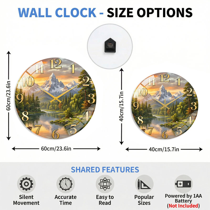 Horloge murale en verre, 60 x 60 cm (23,6 x 23,6 pouces)