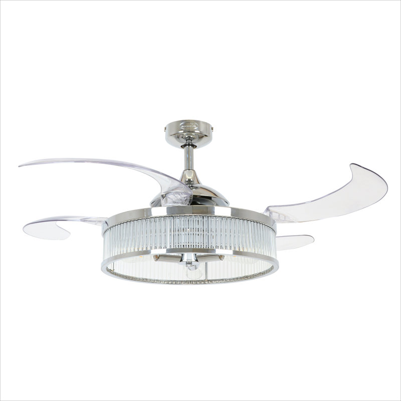Ventilateur de plafond à pales rétractables de 122 cm (48 po) avec lumière et télécommande, ventilateur de plafond moderne Fandelier, technologie de conception brevetée, pales plus robustes et plus épaisses, chromé