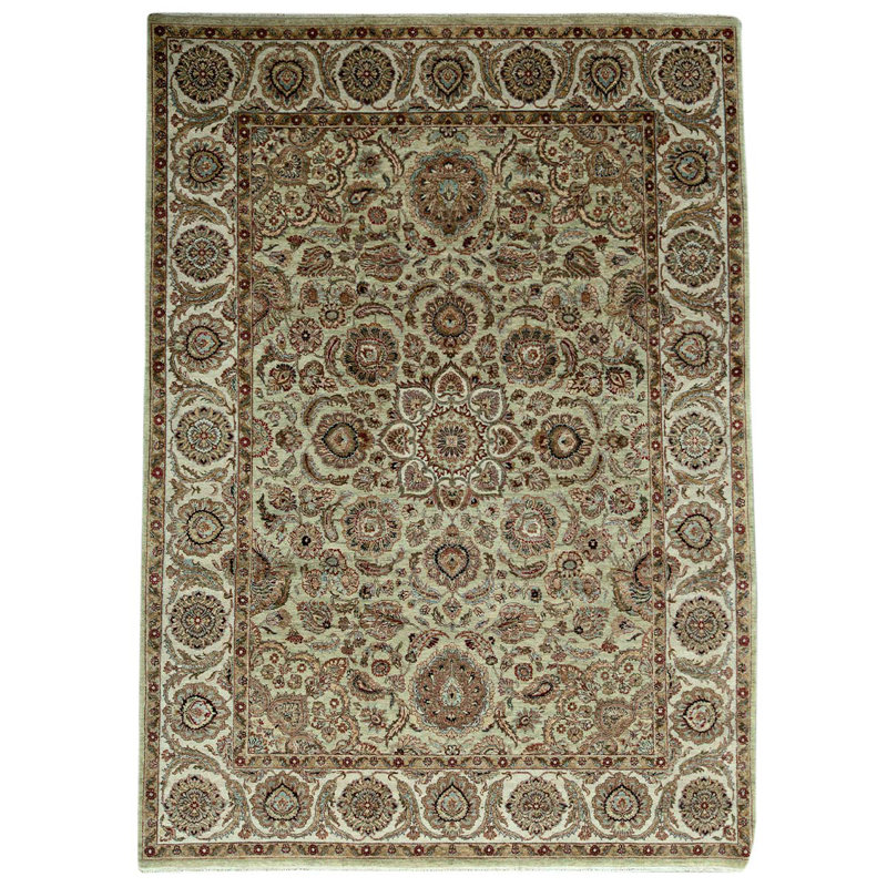 Tapis oriental en laine noué à la main vert clair / ivoire / brun