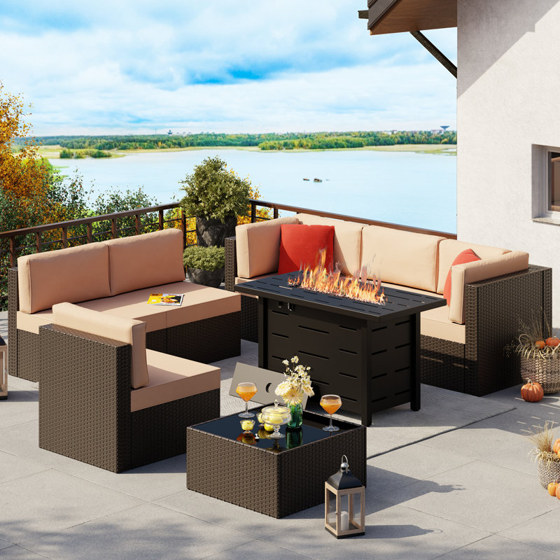 Ensemble de patio extérieur en rotin 8 pièces avec foyer, Beige