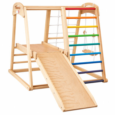 7-in-1 Solid Beech Wood Indoor Kids Jungle Gym with Slide, Monkey Bars, Climbing Net, Swing & Drawing Board