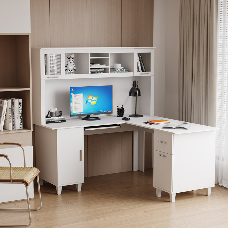 Serkan Modern L-shaped home office desk computer desk (with drawers and shelves), home office executive work study writing desk