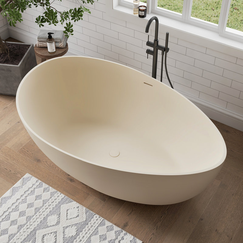 63" Wavy Freestanding Tub Solid Surface Freestadning Stone Resin Soaking Bathtub, Creamy