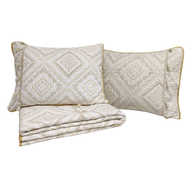 Ensemble de courtepointe en microfibre à motif tribal doré avec pompons DESIGN STU DVD Skye