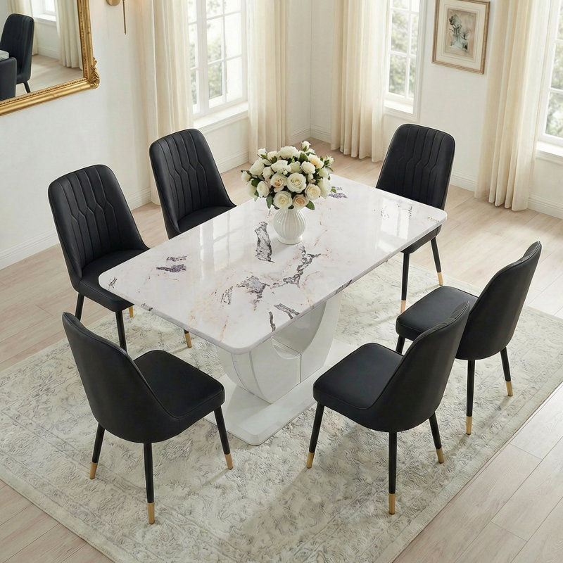 Modern 7-Piece Faux Marble Dining Table Set with Upholstered Chairs, Black, White