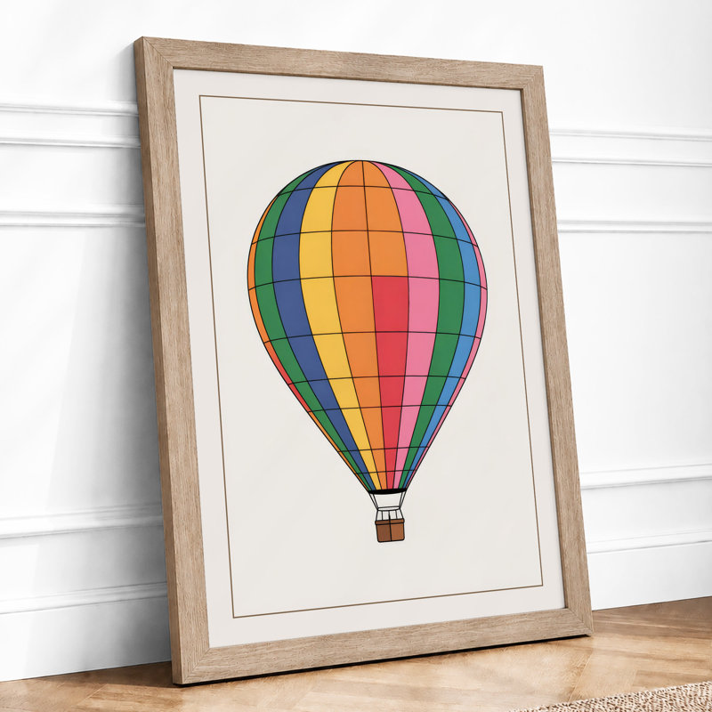 Geometric Hot Air Balloon Retro - Framed Print, A3 - 42.0 x 29.7 cm, Oak