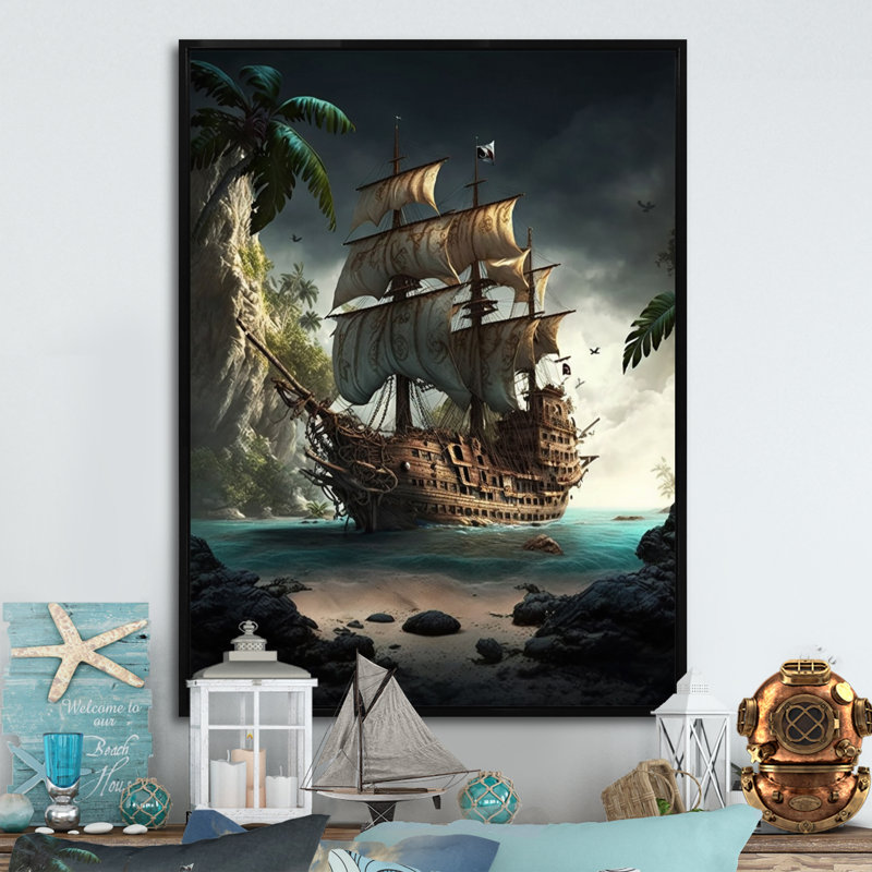 Bateau pirate sur l'océan - reproduction sur toile, H 32 po x l 16 po x P 1 po, Toile avec cadre flottant noir