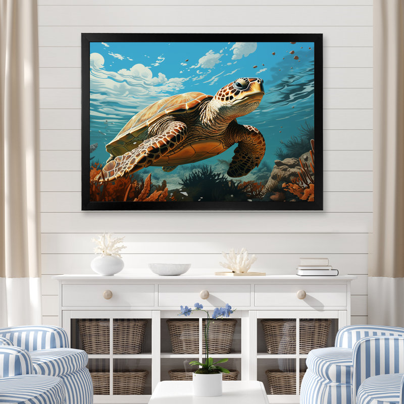 «Classic Art Représentation of A Turtles Coastal Life» sur toile, Cadre simple noir, H 12 po x l 20 po x P 1 po