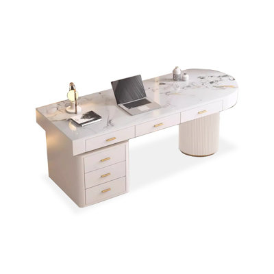 White Free Form Stone+Manufactured Wood with 6 drawers desk