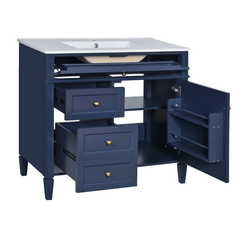 Meuble-lavabo simple avec lavabo supérieur, Bleu / Doré, 36"