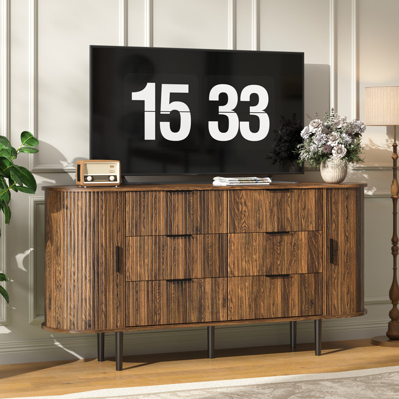 Modern 6 Drawer Dresser, 63-Inch Wood Chest Of Drawers, Curved Anti-Collision Design, Mid-Century Storage Cabinet,Fluted Double,Natural Texture, For Bedroom, Living Room, TV Stand, Nursery