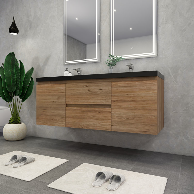 Castin 60" Wall-Mounted Double Bathroom Vanity Set, Oak