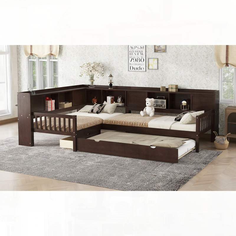 Lit plateforme en L avec lit gigogne, tiroirs de rangement et tablettes, Espresso