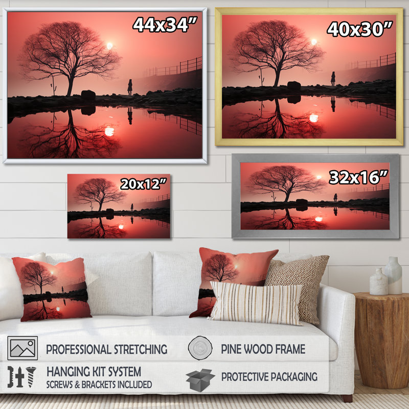 «Silent Raspberry Tree Reverie Landscape», impression sur toile, H 16 po x l 32 po x P 1 po, Cadre simple blanc