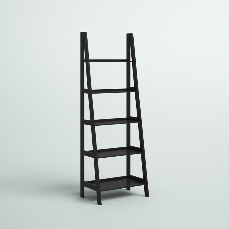 Natrona Black 72" H x 25.25" W Solid Wood Five Shelf Ladder Bookcase, Black