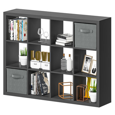 Bookshelf with Storage Bins, 12-Cube Storage Organizer Wooden Bookcase Modern Open Display Shelf