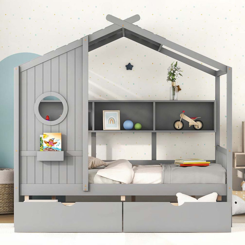 Lit double avec 2 tiroirs, lit pour enfant avec tablette de rangement, gris et bois massif Solid +, Double