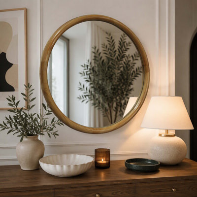 Miroir rond rond avec cadre en bois, miroir circulaire en bois naturel de 23,62 po pour la salle de bain, la chambre à coucher, le vestibule, miroir décoratif moderne Mid-Century