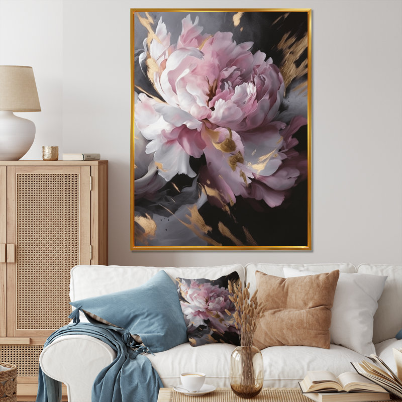 Harmonieux rose gris pivoine II - pivoines, art mural, H 32 po x l 24 po, Cadre flottant doré