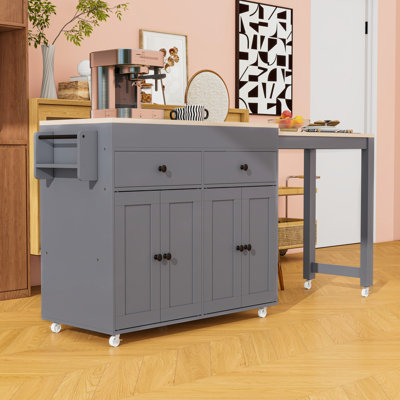 Kitchen Island with Extendable Dining Table, 4-Door Cabinet, 2 Drawers and Spice Rack