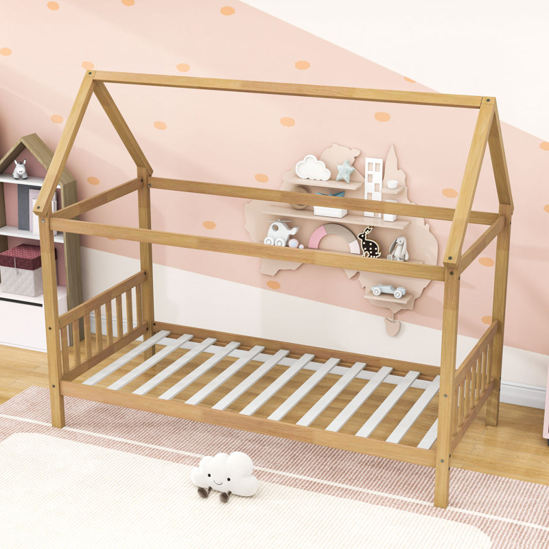 Twin Wood House Bed With Underbed Space, White Oak