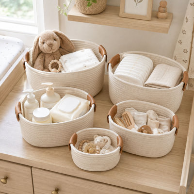 Set of 5 Cotton Rope Storage Baskets, Leather Handles