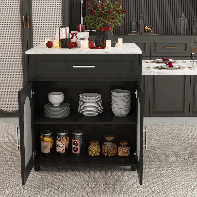 Expandable Kitchen Island with Marble-Grain Countertop, Power Outlet, and Storage – Black