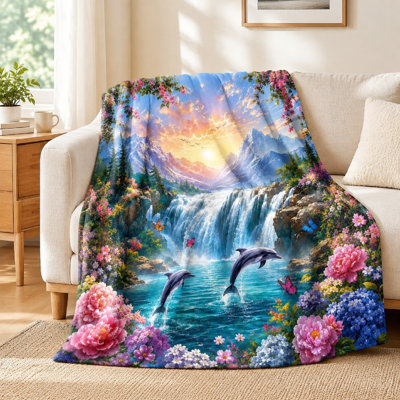 1Pcs Stunning Waterfall and Dolphin Landscape Fleece Blanket – Vibrant Nature Scene with Mountains, Flowers, Butterflies;Cozy Warm for Bedding or Outdoor UsePerfect Home Decor AccentIdeal Gift Lovers. Bedding and sofa items
