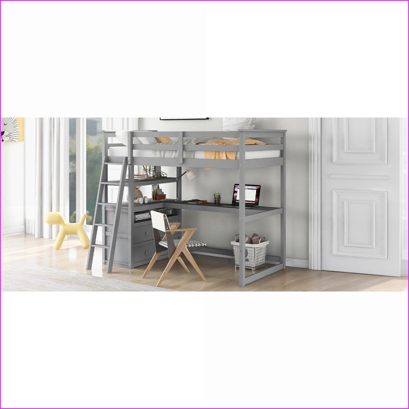 Lit mezzanine simple en bois de pin massif avec tablettes de bureau et amp; 2 tiroirs gris - aucun sommier nécessaire, Gris