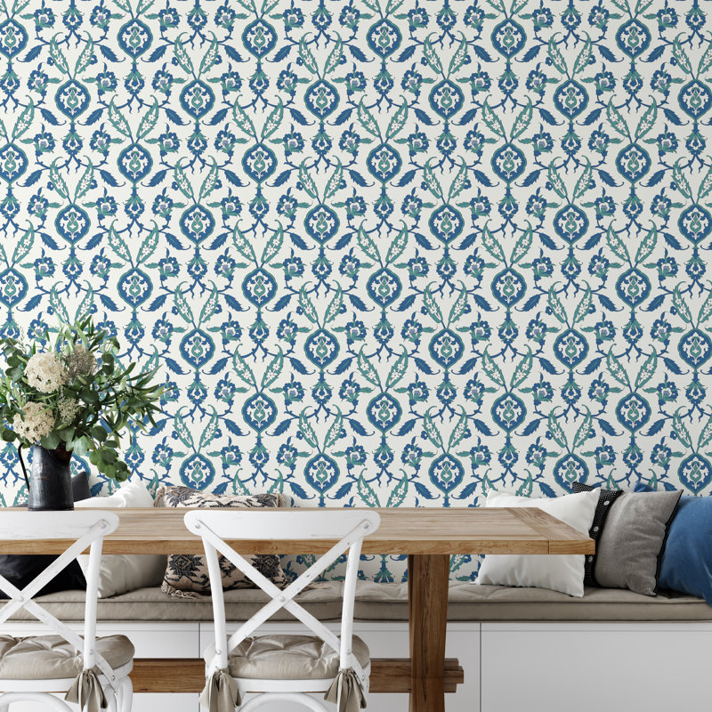 Adhésif décoratif damassé florale d'inspiration Iznik - Papier peint adhésif bleu et bleu sarcelle pour murs décoratifs bohémiens